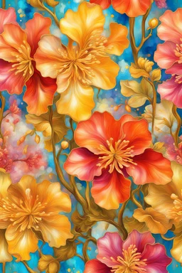 ideal image optimization, the best lush Coral Bells flower result, Create stunning summer flowers oil painting art combining Gustav Klimt's intricate style with Pierre-Auguste Renoir's vibrant brushstrokes. seamless pattern Use alcohol ink splatter for dynamic elements. Aim for hyper-detailed super realism in 8K, with bright neon colors and gold accents, capturing a radiant summer day. Add an Art Nouveau aesthetic to enhance elegance and sophistication of this award-winning Masterpiece