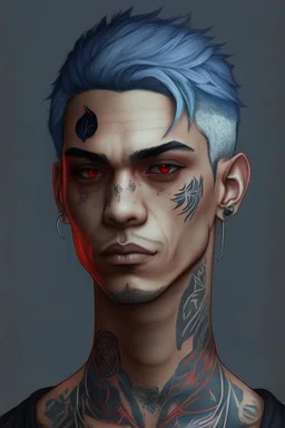 Light brown skin, red eyes, straight short blue-grey hair, snake tattoo on neck, black clothes, round face, man