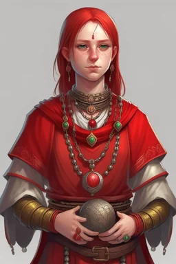 young female human cleric with a necklace of red beads, wearing scale mail