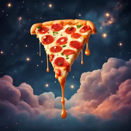 triangular slice of pizza dripping floats in a starry sky