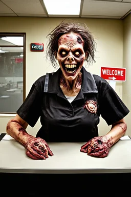 visceral rotting zombie working as a bank teller, teeth missing, stringy patchy hair, sores, dirty shirt, "WELCOME" sign on the counter, macabre