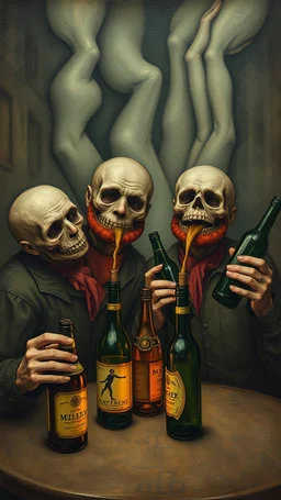 Hieronymus Bosch style nightmare men with alcohol bottles drunk