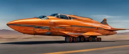 A national geographic award-winning photograph of a military fighter jet station wagon elephant hybrid bilaterally symmetrical designed by skunkworks, only one vehicle per image painted metallic orange traveling at a high rate of speed, jet intake off of the front center of vehicle and jet exhaust out the rear with bright blue flame soviet retrofuturism, cassette tape futurism, sleek but squared, tremendous nuclear powered engine