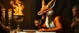 portrait painted by Rembrandt, stupid looking fire breathing dragon fox at banquet, big chalice