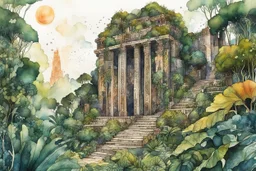 random watercolor Zentangle patterns in the styles of Gustav Klimt ,Wassily Kandinsky, Alphonse Mucha, and Kay Nielsen that depicts the crumbling ruins of an ancient Mayan city, obscured by the overgrowth of the Yucatan jungle, with fine ink outlining