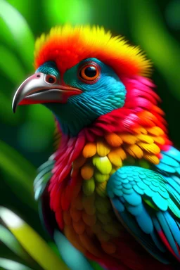 A funny, realistic and colorful turako bird is looking at me 8k