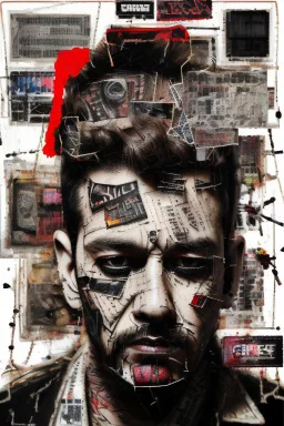 Ultra detailed medium portrait painting of a man, sitting on chair,ex-ganster in jail tattoos, rough look, bold,mascara, evil look, chaos dark background,torn up collage of photo clippings, broken circuitry background, matrix effects, punk visual art, punk art aesthetic, graffiti art, pop surrealism, collage art, cluttered paint glitches