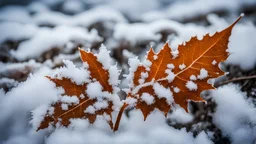 Frozen landscape, snow and ice on a leaf