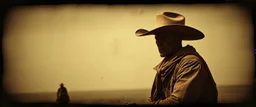 STYLE: gritty 19th-century gothic photography, Zdzisław Beksiński surrealism.Titian, Caravaggio chiaroscuro, tactile analog grain, pinhole-camera softness, heavy vignetting, scratched emulsion, rugged irregular photo border. SCENE: alien cowboy, completely absorbed in the mundane task.