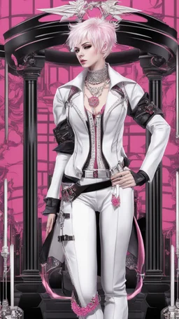 A white blind vampire with white and pink short hair, slave, Handcuffs, Weapon handcuffs in dreamshaper finetuned model with dynamic art style witg