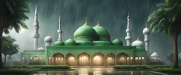 Hyper Realistic massive huge green mosque with white flags on the roofs at a rainy night with grass & mango trees