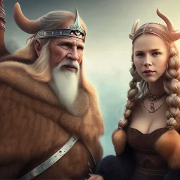 Viking theme, a younger woman sitting next to a 50-year-old man, portrait, 8K, close-up face, anatomically perfect face, Highly detailed stunning full frame portrait, misty and cloudy atmosphere