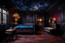 strange evening in vintage bedroom, deep dark colors, old wood floor, old antique bed, translucent walls, ceiling the galaxy with stars, etheral, mystic, stunning, cinematic