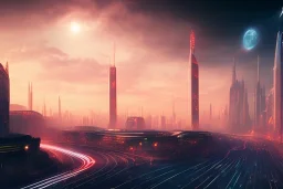 a cinematic view of a big future city but all the roads are made from rainbows