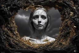 surrealis monochrome A fragmented, surreal sculpture liguid color of photorealistic image 3d,psychedelic art of small a women face glossy emerging from dreamlike a crumbling building. The face appears pale with deep cracks and intricate details, evoking a haunting expression. Blackened tree branches intertwine with the gold mengkilat cracks, set against a backdrop of stormy, cloud-filled skies. bauhaus art The overall tone is dark and moody, suggesting themes of decay and transformation. Include