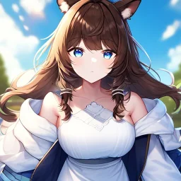 Clear focus, High resolution, Long fluffy brown hair, blue eyes, wearing a white skirt, detailed outfit, wearing a jacket oversized off shoulder, rough line, hair above ears, dog ears, off shoulder white shirt, chopped bangs, parted hair, medium locks straight