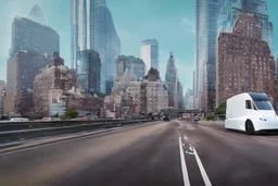 A Tesla 'Semi' (semi truck) is going at a high speed, near the 'Pier 11' in Manhattan. (CINEMATIC, WIDE ANGLE LENS, PHOTO REAL)