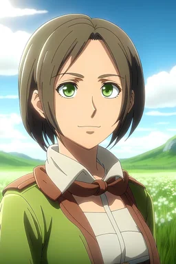 Attack on Titan screencap of a female with short, wayve and dark brown hair and big greenish dark brown eyes. Beautiful background scenery of a flower field behind her. With studio art screencap.