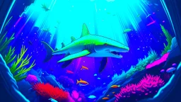 Comic style, underwater, coral reef, shark