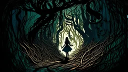 As she delved further into the forest, the path grew narrower and more treacherous. Strange shadows danced between the gnarled trees, and peculiar rustling noises surrounded her. With every step, her heart pounded louder, but she pressed on, determined to uncover the secrets hidden within.