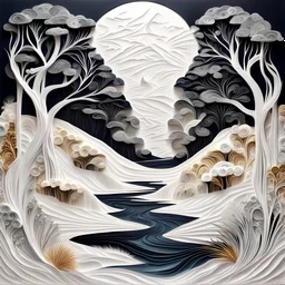 Beautiful white and dark quilled textured landscape. Surrealism, futuristic, aesthetic - full view no frame elegant extremely detailed fantasy intricate very attractive fantastic view crisp quality Picasso water colour John James Audubon