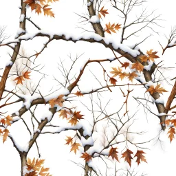 detailed Real Tree Camouflage made of sticks, twigs, tree bark, dried maple leaves, pine branches, snow and dirt, white background, seamless repeatable texture pattern imitating a natural forest background, add details