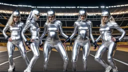 Hyperrealistisch 100 Rollergirls völlig verhüllt von hermetischen silber glänzendem Ganzkörper-Zentai mit geschlossenem undurchsichtig verspiegeltem Visier in identischen silberfarbenen, geschlossenen Helmen fahren in präziser Formation parallel nebeneinander und hintereinander mit silbernen Rollerskates unter Stadion-Flutlicht auf Asphalt