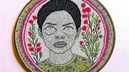 Make a Wide Fabric Panel of embroidery,5 portraits , weave with threads, tapestry