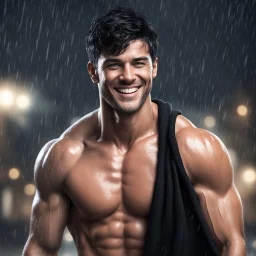 Hyper realistic extremely handsome muscular short black hair man smiling & wearing a black towel at rainy night