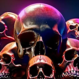 a picture of a dark, comedic, anatomically correct wall of colorful tightly packed stacked skulls of varying sizes and expressions, photo realistic, insanely meticulous, highly detailed, part of a collection of bones on display, 64k, dystopian, vray, cartoonish, cartoon character skulls