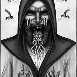 Vampire with yellow eyes and two eyes on forehead tentacle beard grey skin and vampire fangs and vampire bat nose and bat ears as a Russian Orthodox