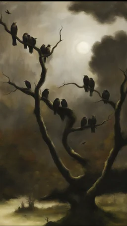 trees and crows with human faces