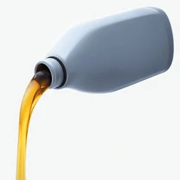 squared motor-oil bottle(black plastic, 1 liter, quart, motor oil) floating on an angle in middle of image while pouring(oil) out down from the bottle's opening. white background, Smooth vector