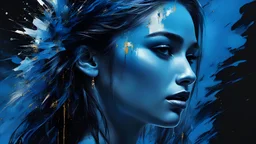 masterpiece, best quality, ultra high res, 1girl, (abstract art:1.4), bleeding blue, blue theme, visually stunning, beautiful, evocative, emotional, side view,