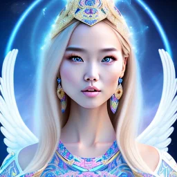 portrait of a beautiful mongolian woman with an angel face smiling,long blond hair, blue eyes, pink and blue dress, jewels, soft light aura