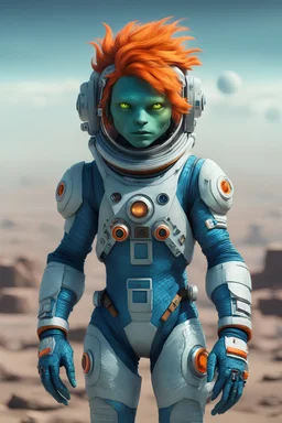 Astronauta reptil color azul, de ojos verdes saltones, cabello anaranjado y con accesorios tecnológicos. Plano cuerpo entero. Universo de fondo.