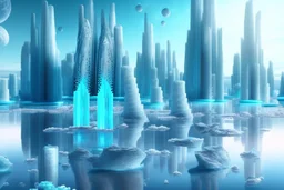 ice blocks, lagoon, seashore, distant futuristic city, epic, sci-fi