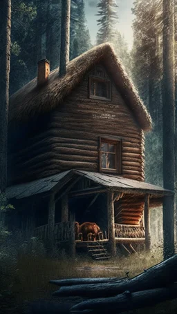 Cabin in the woods, bear, movie scene, more accurate picture hdr