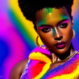 masterpiece, best quality, woman, dark skinned, sparkling eyes, fluorescent skin, colorful makeup, afro, full body shot, highly detailed body, sun light, 4K, RAW, depth of field, high contrast, realistic details, 24mm