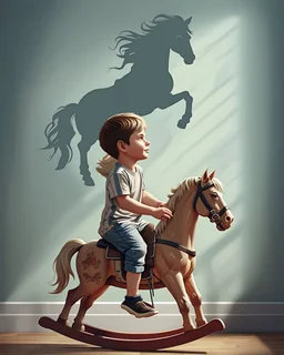 My Gemini prompt/Pixverse animation. Prompt: A square digital painting of a young boy sitting on a rocking horse in his bedroom, his translucent light grey shadow which is on the wall beside him depicting an outline of a boy galloping a real horse, the image depicts the dreams child have. Hyper-realistic hyper-vibrant hyper detailed