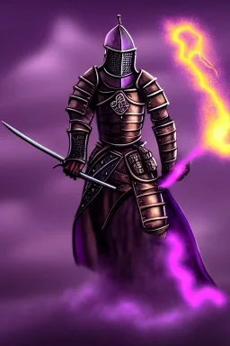 medieval Knight, violet color, high detail, sorcery, sparks, mechanical, plasma, treasure, weapons, slithery, legendary, castle, dragon, confident, proud, danger, mist, fog