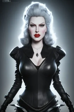 Lana Turner as evil queen in black leather, leather, busty, cleavage, angry, stern look. character design by cory loftis, fenghua zhong, ryohei hase, ismail inceoglu and ruan jia. unreal engine 5, artistic lighting, highly detailed, photorealistic, fantasy