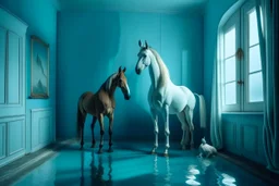 Imagen surrealista, un caballo y conejo con cuerpos humanos, en una habitación llena de agua hasta el cuello de ambos. Color de la habitación azul claro, azul celeste. Fotografía realizada con una cámara Leica y objetivo de 35 mm. Estilo onírico, manifiesto surrealista, estilo Tommy Ingberg