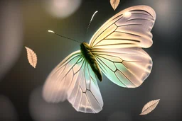 diaphanous transparent light butterfly with glowing center on dark grey leaves, ethereal, otherwordly, cinematic postprocessing, bokeh, dof