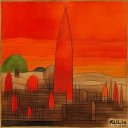 An orange volcano with pillars painted by Paul Klee