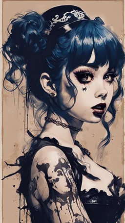 Poster in two gradually, a one side malevolent goth vampire girl face and other side the Singer Melanie Martinez face, full body, painting by Yoji Shinkawa, darkblue and sepia tones,