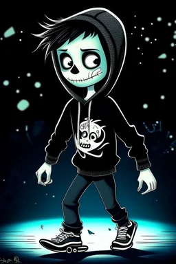 a cute animation boy, skateboarding , trendy hoody, 8 k, tim Burton skeleton style from the movie "night before Xmas", realistic animation, gothic