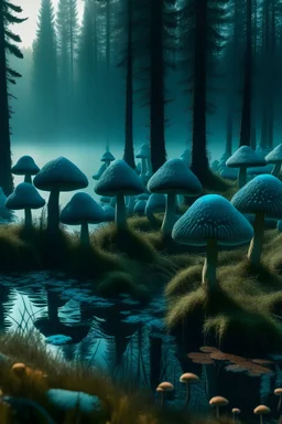 forest of teal mushrooms at dawn by a lake