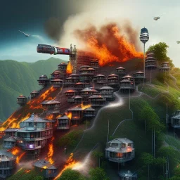 Favela, in the hill, burning, explosion, highly detailed, realistic