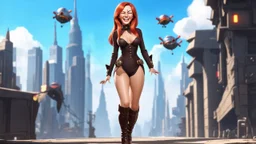 A photorealistic image of a red-haired, slender, witchy woman, winking and smiling, in a one-piece steampunk outfit and stiletto boots, walking through a futuristic city with flying machines.